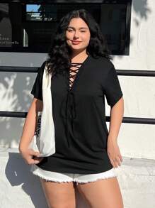 SHEIN EZwear Plus Lace Up Front Tee - Black - View 7