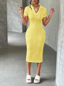 SHEIN Slayr 夏季休闲优雅简约基础款新款翻领V领短袖修身长裙白色波浪针织面料女装 - 黃色 - 查看 6