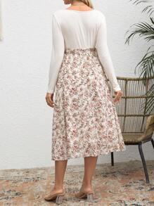 SHEIN Maternity Casual Contrast Floral Print Dress, For Autumn