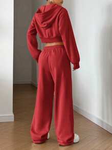 SHEIN EZwear 2 件套女士休闲纯色落肩宽松拉链连帽短款运动衫和宽松阔腿运动裤