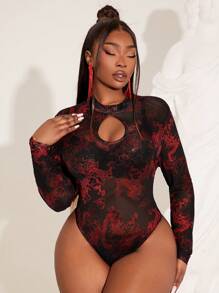 SHEIN SXY 大码女式中国风红黑龙渐变性感印花透明镂空高领长袖紧身衣，适合秋冬季、白色圣诞夜服装派对、约会之夜、生日、单身派对服装，可爱、休闲、购物、街头装、外出，易于搭配且看起来苗条，凸显您的身材，凸显身材 - 黑色 - 查看 5