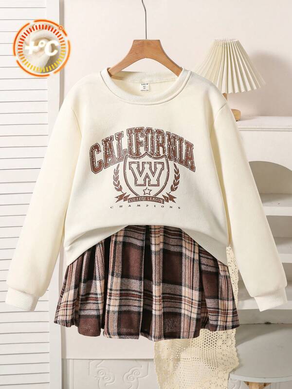 SHEIN Tween Girl Ribbed Crew Neck Printed Sweatshirt & Plaid Pleated Skirt 2 Pieces Set