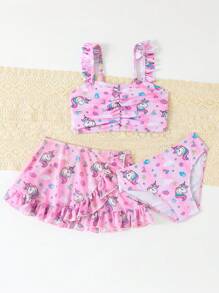 SHEIN Young Girls Cute Cartoon Unicorn Print Ruffle Trim Bikini Set With Beach Skirt Summer Beach, - Multicolor - View 3