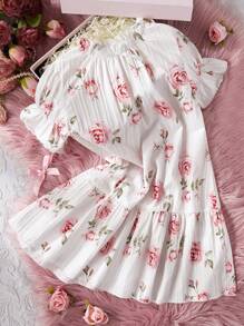 Young Girl Rose Texture Long Sleeve Nightdress Sleepwear, Elegant & , White