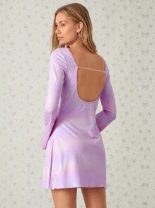 Easelle Women Solid Color Round Neck Long Sleeve Casual Crop Back Open Dress - Mauve Purple - View 4