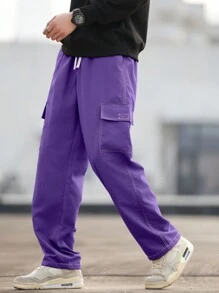 Manfinity Homme Men's Drawstring Waist Cargo Pockets Straight Leg Casual Pants - Purple - View 1