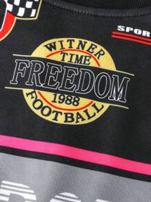 SHEIN 年轻女孩时尚拼色字母印花短款宽松拉链立领休闲夹克，适合秋季 - 黑色 - 查看 7