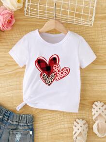 SHEIN 1pc Young Girl Valentine's Day Stylish Casual Faux Sequin Leopard Heart Graphic Print Crew Neck Short Sleeve T-Shirt, Mommy And Me Matching Outfits (2 Pieces Sold Separately) - White - View 4