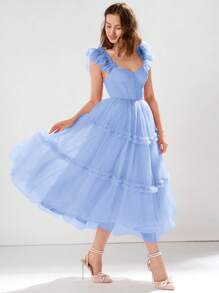 Enchnt 女士水钻领口网眼撞色简约优雅连衣裙