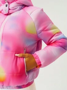 Women Tie-Dye Raglan Sleeve Zip Front Hooded Sports Jacket, Winter For Ski & Daily Wear - Pink - View 6