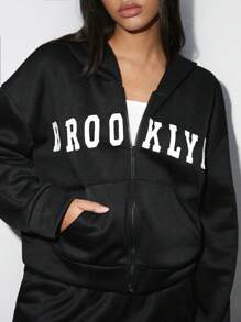 TRNVIE 2pcs Women's Casual All-Match Letter Print Kangaroo Pocket Hoodie & Elastic Waist Straight Leg Pants Set For Autumn/Winter