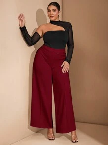 SHEIN BAE 大码女装，超级百搭，纯白色高腰阔腿裤，腰带设计，款式简约，适合派对或日常穿着 - 酒紅色 - 查看 9