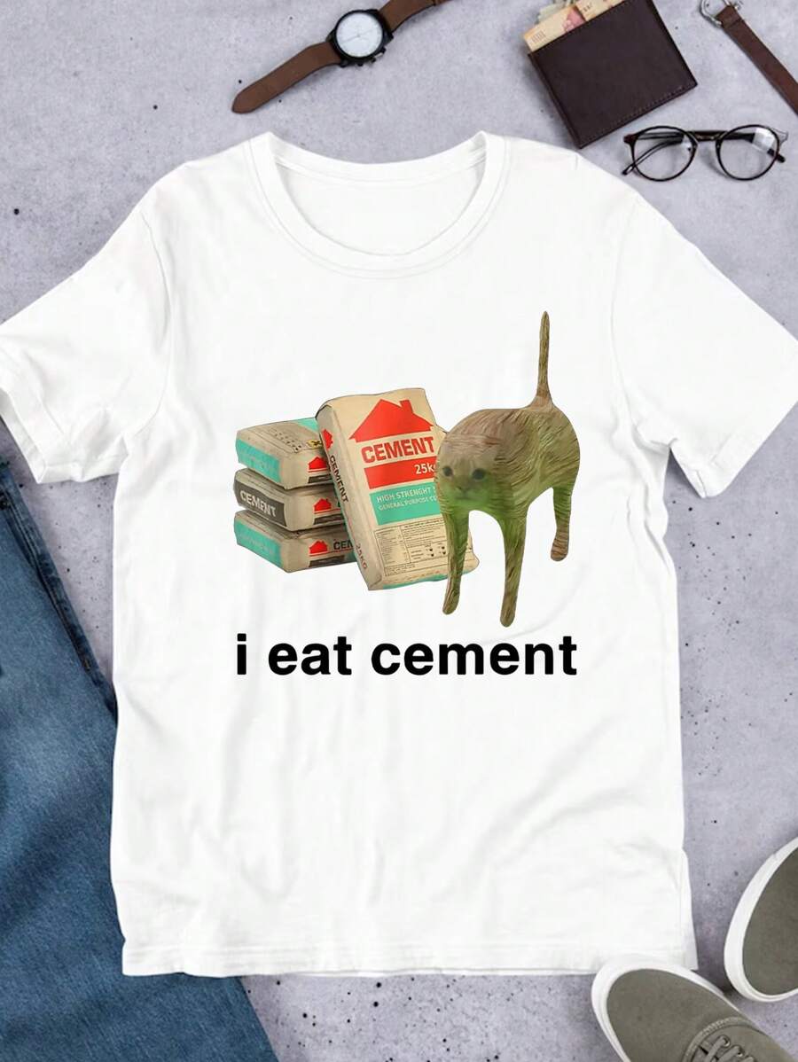 Manfinity Dauomo Men's Standard Size "I Eat Cement" Funny Cat Meme Graphic T-Shirt - White - View 1
