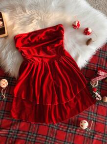 SHEIN EZwear Women's Red Velvet A-Line Strapless Dress, For Christmas - Red - View 4