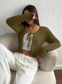 SHEIN Unity 女式纯色长袖系带休闲开衫，秋冬 - 綠色 - 查看 3