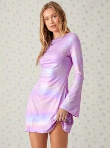 Easelle Women Solid Color Round Neck Long Sleeve Casual Crop Back Open Dress - Mauve Purple - View 6