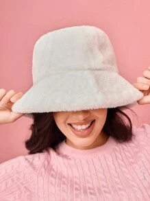 SHEIN MOD 1pc Women Blue & White Fuzzy Rim Bucket Hat For Winter - Baby Blue - View 6