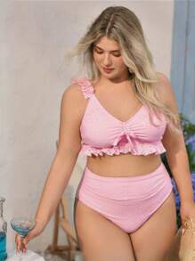 Swim Mod Plus Size Swimwear Set With Front Tie Strap And Ruffle, Special Fabric, Cute And Sweet For Girls Summer
