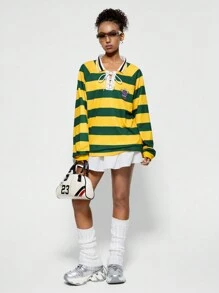 SHEIN EZwear Women's Couple Costumes Sportswear Stripe Lace Up Lapel Heartie Sweatshirt