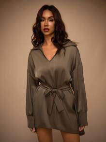 Forever 21 Elegant Commuter Gray-Green Lace-Up Mini Dress - Green - View 7