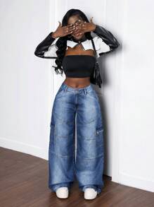 SHEIN Slayr Pantalones de cargo de mezclilla de pierna ancha lavados informales para mujer - Azul - Ver 3