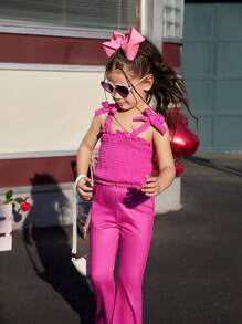 2pcs/Set Young Girl's Plain Crepe Fabric Bowknot Camisole Top And Flare Leg Pants, Elegant Fashion Design Suitable For Outing, School And All Seasons - Hot Pink - View 7