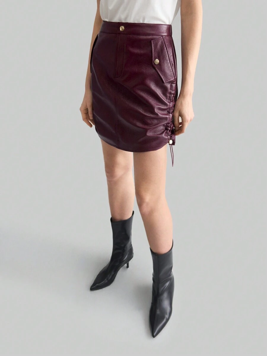 Ontre Women's 2025 New Solid Color PU Leather Side Drawstring Mini Skirt, Suitable For Valentine's Day And Spring - Burgundy - View 1
