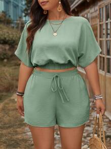 SHEIN LUNE 2 件套加大码纯色圆领蝙蝠袖上衣和短裤套装情人节度假装女士夏季服装女士外出上衣女士、商务休闲女士、夏季、可爱衬衫、办公室 - 薄荷綠 - 查看 1