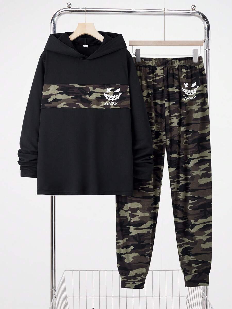 SHEIN Leap Crew 2pcs/Set Teen Boys Casual Comfortable Highly Attractive Camouflage Patchwork Graphic Hoodie & Sweatpants Two-Piece Set - Multicolor - View 1