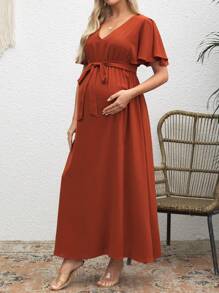 SHEIN Maternity Solid V-Neck Short Sleeve Tie Front Simple Casual Dress - Brown - View 3