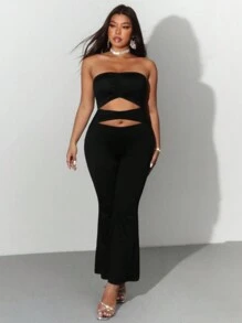 SHEIN Allurite Plus Size Women Hollow Out Sleeveless Sexy Fitted Jumpsuit For Spring & Summer,Valentine - Black - View 4