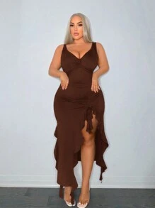 SHEIN SXY Falda ajustada de diseño de corte asimétrico con dobladillo de volantes y abertura lateral de nicho sexy para tallas grandes en verano - Marrón - Ver 5