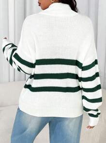 Flirla Plus Size Front Zip Long Sleeve Striped Casual Pullover SweaterKnit PulloverFall Winter Outfit