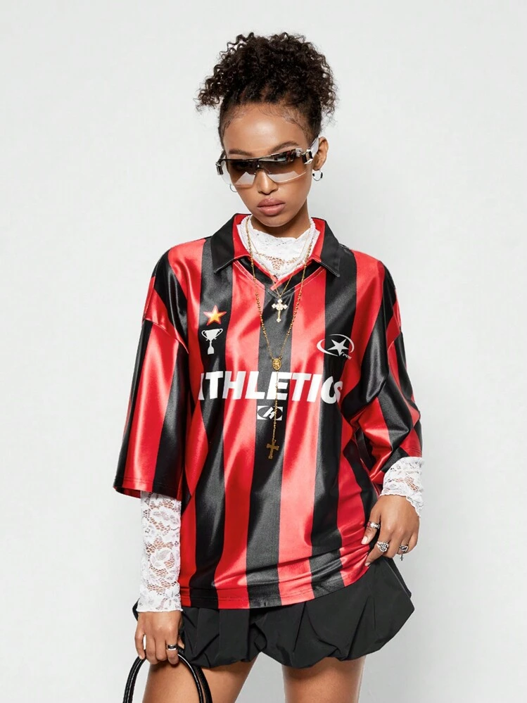 SHEIN EZwear Women's Spring/Summer Couple Same Style Blockcore Striped Graphics Lapel V-Neck Black And Burgundy Football Jersey T-Shirt - Black - View 1