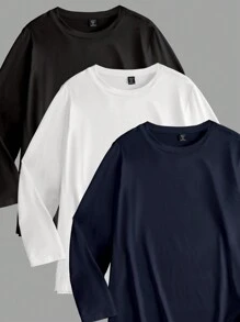 SHEIN LUNE Camiseta de manga larga de cuello redondo de unicolor básica para tallas grandes para atuendo primaveral