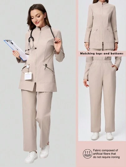 Scrubzie 2st Anti-rynk långärmad jacka & byxor Dam Scrub Uniform Set