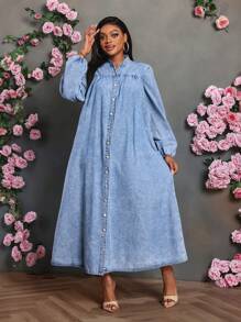 SHEIN Lady 大码女式蓝色牛仔长袖长款休闲连衣裙 - 中等水洗藍 - 查看 4