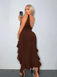 SHEIN SXY Falda ajustada de diseño de corte asimétrico con dobladillo de volantes y abertura lateral de nicho sexy para tallas grandes en verano - Marrón - Ver 2