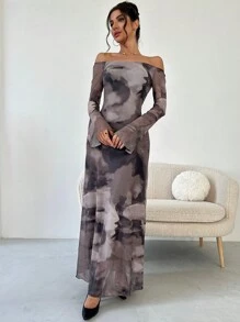 Firerie 新款优雅扎染印花露肩连衣裙，秋冬款