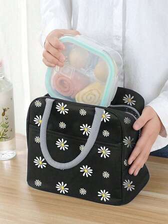SHEIN 1pc Daisy Pattern Lunch Bag, Reusable Insulated Lunch Bag For Women/Men/Adult Portable Thermal Lunch Box Tote Bag ,Reusable Foil Fabric Cooler Bags Insulated For Work, Picnic, Outdoor