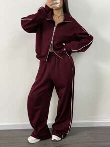 Rina Fox 女士休闲拉链夹克和裤子 2 件套，落肩，秋季 - 酒紅色 - 查看 5