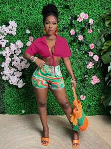 Slaydiva 纯色短款系带前开短袖衬衫和全印花短款短裤 - 玫紅色 - 查看 5