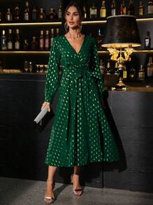 SHEIN Clasi Holiday ClothesWomen's Elegant Floral Print Surplice Neck Lantern Sleeve Belted Dress, Party Style Sequin Dress