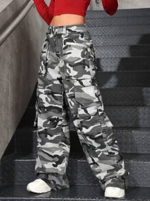 SHEIN EZwear Quần Jeans Ống Thẳng Đơn Giản, Đơn Giản, Rằn Ri, Túi Nút Phía Trước Cho Nữ - Nhiều màu - Xem 1