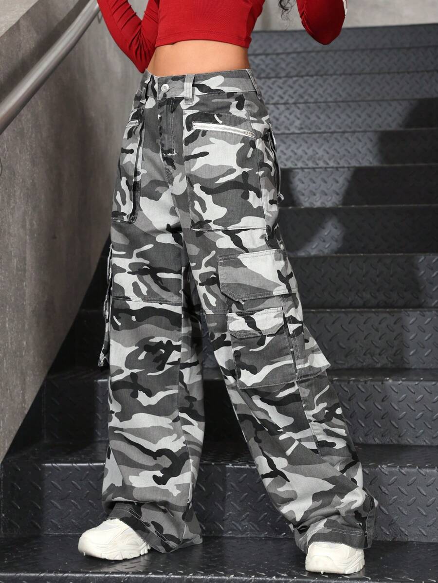 SHEIN EZwear Quần Jeans Ống Thẳng Đơn Giản, Đơn Giản, Rằn Ri, Túi Nút Phía Trước Cho Nữ - Nhiều màu - Xem 1