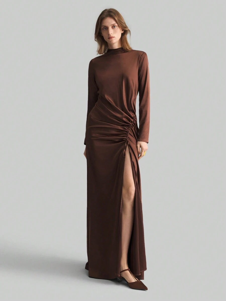 Ontre Women's Extra Long Dress With Slit And Pleating, Elegant Design - Brown - View 1