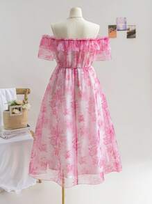 Soleia 1pc Plus Size Women's Holiday/Valentine's Day Ruffle Pink Rose Print Organza A-Line Dress With Ruffle Trim - Multicolor - View 2