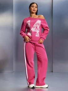 SHEIN SXY Women Casual Colorblock Lace Number Print Asymmetrical Hooded Top And Pants Set, Autumn - Hot Pink - View 3