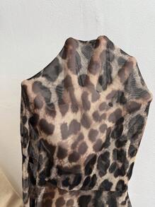 Elenzga 大码女式豹纹网眼系带 V 领常规版型喇叭袖衬衫 - 彩色 - 查看 8