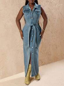 Slaydiva Women Casual Washed Front Button Down Sleeveless Long Denim Dress - Blue - View 6
